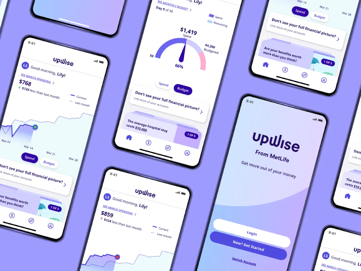 Upwise app screens on a purple field — spending graphs, a monthly budget dial, and the "From MetLife" sign-in
