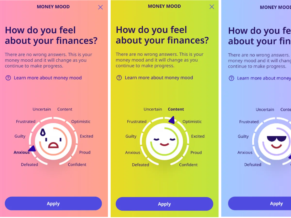 Three Upwise app screens asking "How do you feel about your finances?", each Money Mood dial set to a different state
